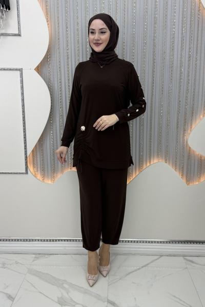 Büzgü pantolonlu takım Kahverengi
