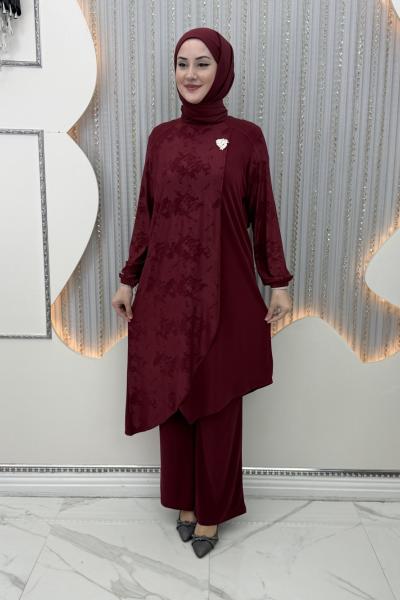 Gülümser Pantolonlu Takım Bordo