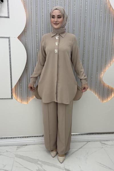 Menekşe Pantolonlu Takım Krem