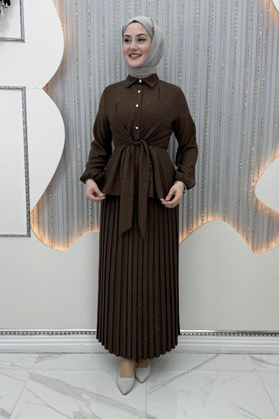 Pırıltı Etekli Takım  Kahverengi