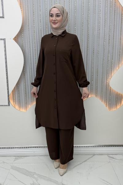 Rozalin Pantolonlu Takım Kahverengi