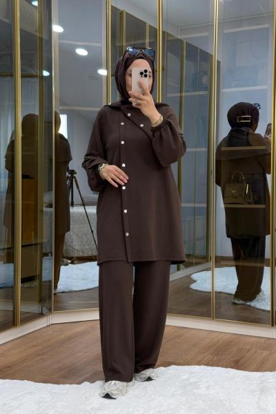 Asimetrik  Metal Düğme Detaylı Takım Kahverengi