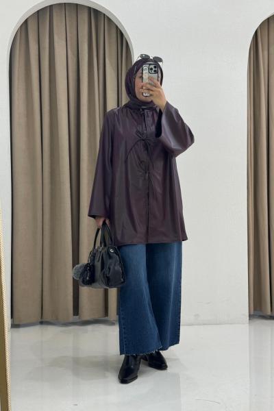 Bağlama Detaylı Uzun Deri Ceket Mürdüm