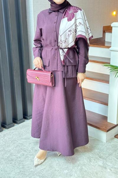 Cep Detaylı Cupra Etekli Takım  Mürdüm