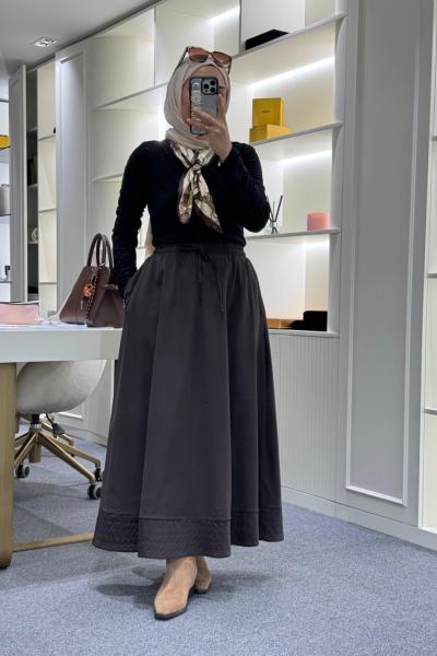 Dikiş Detaylı Beli Lastikli Etek Kahverengi