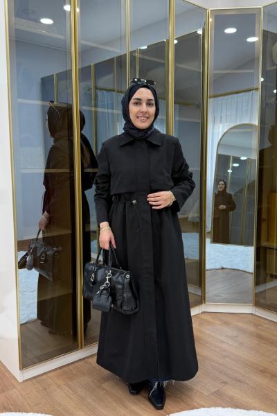 Fermuar Detaylı Maksi Boy Trençkot Siyah