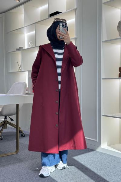 Kapüşonlu Astarlı Trençkot Bordo