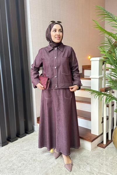 Kontrast Dikişli Kot Etekli Takım Bordo