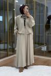 Omuzu Büzgülü Ceket Etek Takım Bej