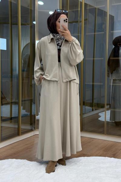 Omuzu Büzgülü Ceket Etek Takım Bej