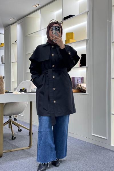 Seyyar Pelerinli Trençkot Siyah