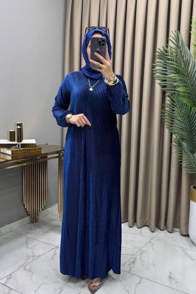 Multi Piliseli Kadife Elbise İndigo