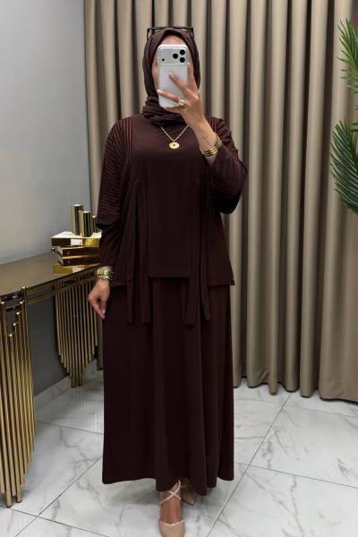 Simay Fileli Elbise Takım Kahve