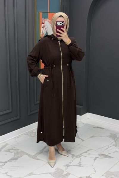 Qupra Kumaş Uzun Kap - Kahve