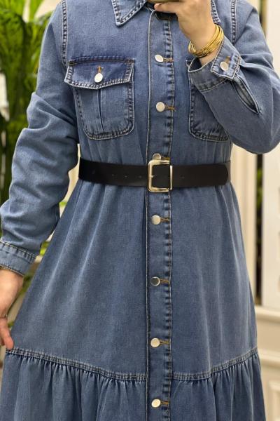 Esbap Fırfırlı Kot Elbise Açık Mavi