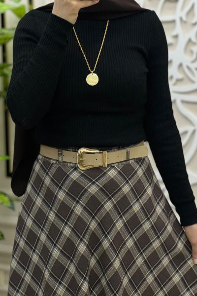 Modern Ekose Etek Kahverengi