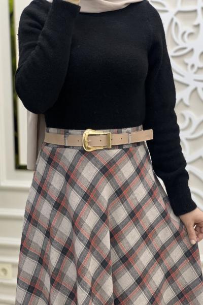 Modern Ekose Etek Çizgili Pembe