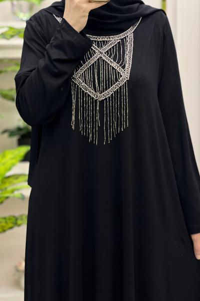Penye Elbise Yakası Boncuk Siyah Taş