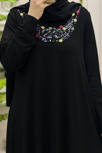 Penye Elbise Yakası Taşlı Siyahhhh
