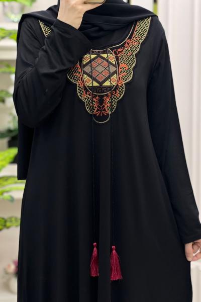 Penye Elbise Kırmızı Püsküllü Siyah Yasemin