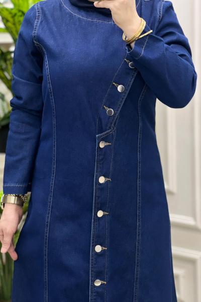 Su Boydan Düğmeli Kot Elbise  Mavi