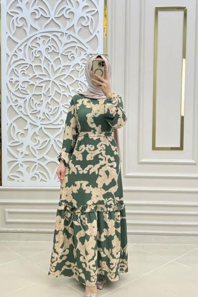 Tesettür Şile Elbise Yeşil krem