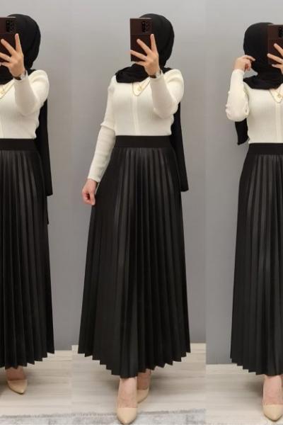 Yeni Model Deri Gorunumlu Etek Siyah