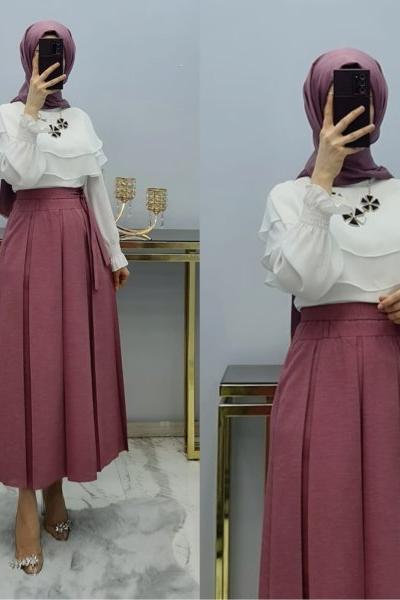 Yeni Model Örme Krep Kumaş Eteğim  Pembe