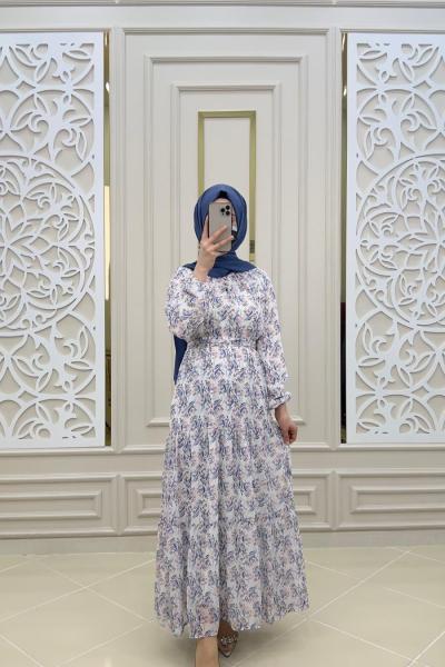 Yonca Şifon Elbise  Mavi Pembe