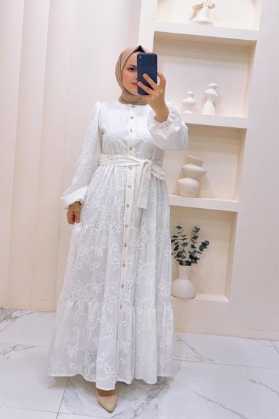 Elbise Brode Filiz Beyaz