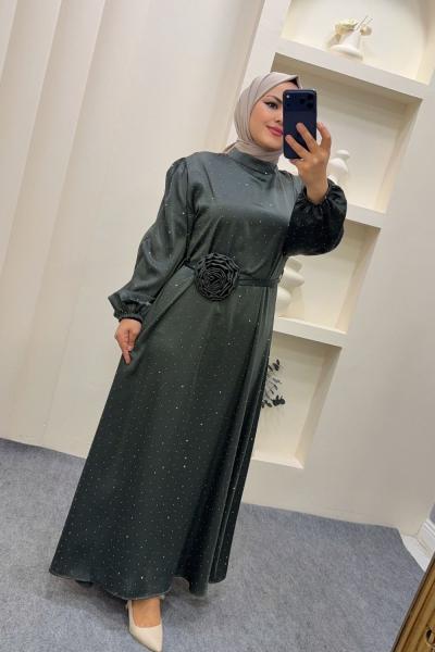 Elbise Gül kemerli Berivan  Nefti Yeşili