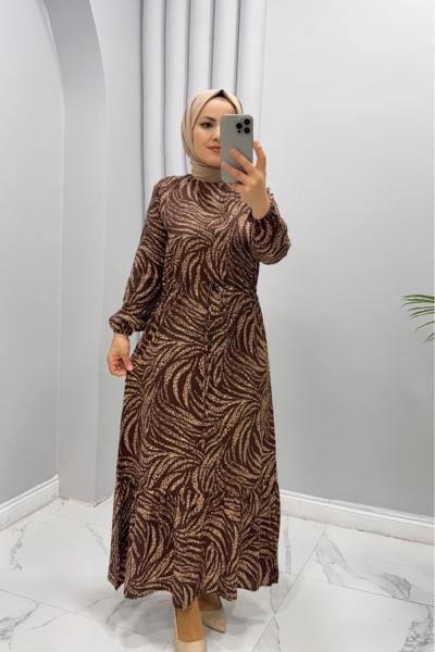 Elbise Viskon Zebra Naz Koyu Kahverengi