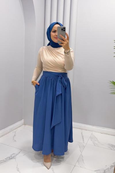 Etek pileli Zelal Saks Mavisi
