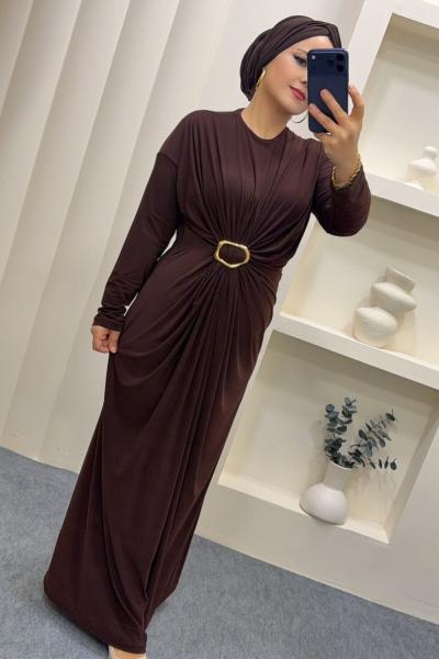 Sandy Büzgülü Linda Elbise  Kahverengi