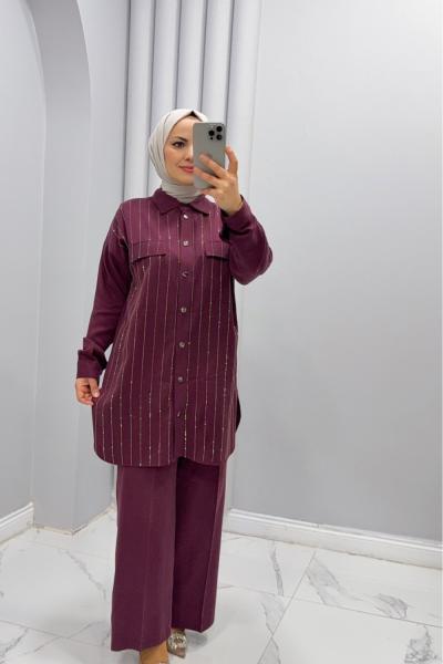 Takım İkili taşlı pırıltı Bordo