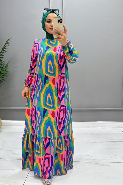 Viskon Bihter Elbise Mavi Pembe