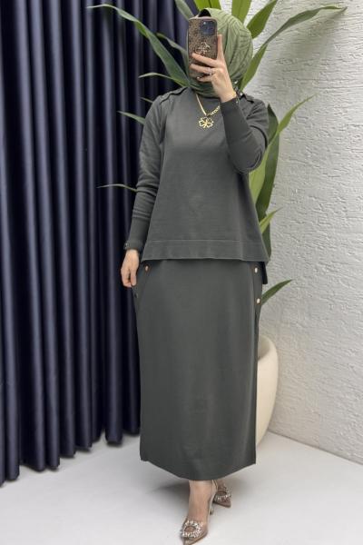 Dilan Etekli Takım Tesettür Giyim  Haki