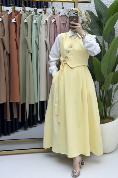 Lalezar Etekli Takım Tesettür Giyim  Sarı