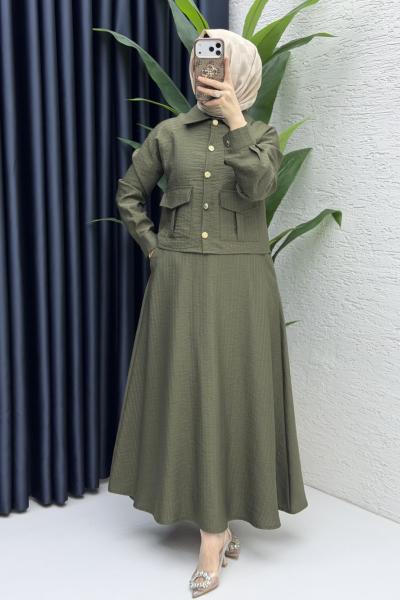 Laya Etekli Takım Tesettür Giyim  Haki