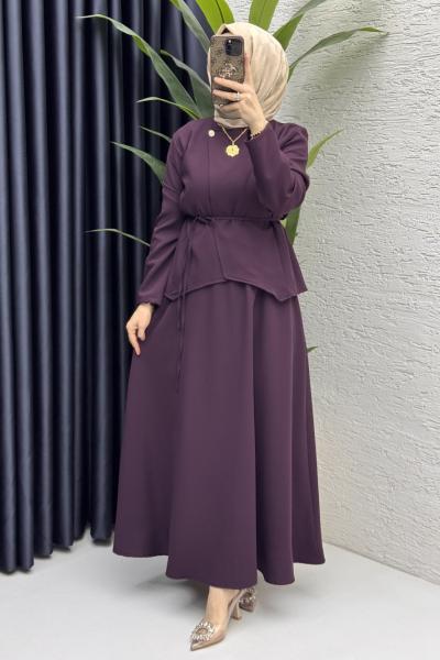 Pera Etekli Takım Tesettür Giyim  Mürdüm