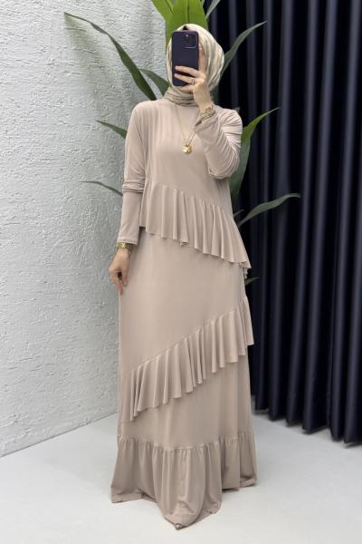 Sahra Elbise Tesettür Giyim Taş Rengi