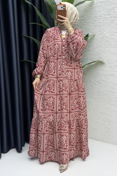 Şal Desen Elbise  Bordo